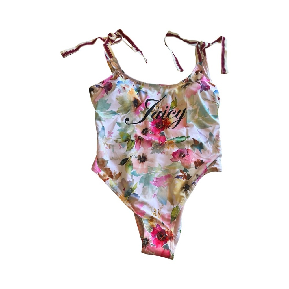 Juicy Couture Floral One Piece Swimsuit Pink Watercolor Tie Shoulder Medium NWT
